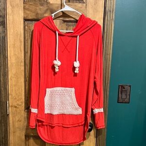 POL Red Hooded Blouse with Cream Accents